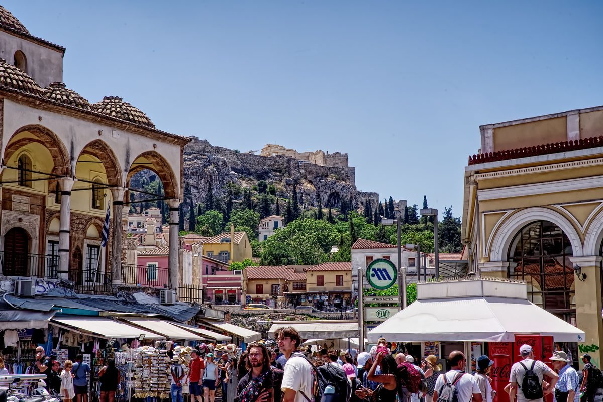 Historic market area in Athens with neoclassical architecture