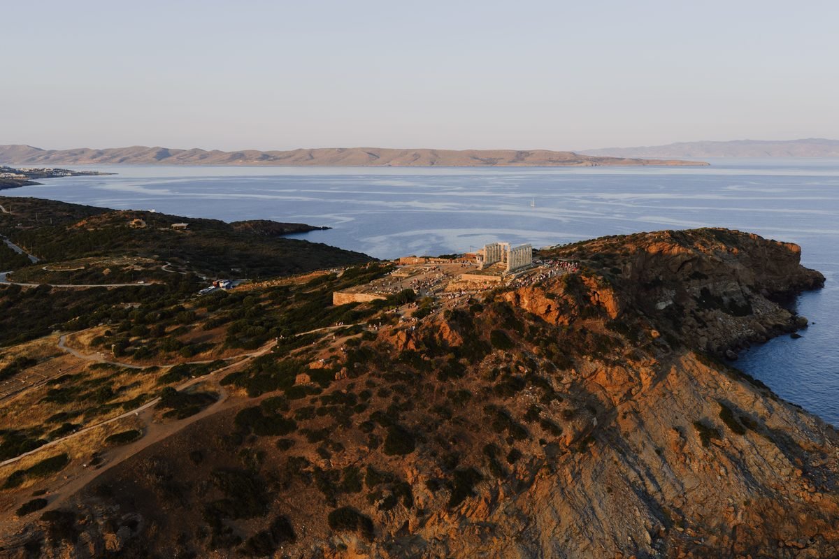 Aerial view of the Temple of Poseidon overlooking the Aegean Sea