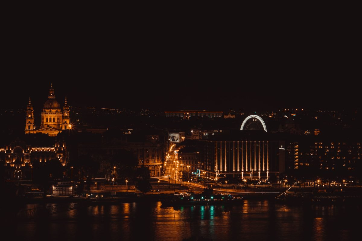 Night view of Budapest skyline with illuminated landmarks
