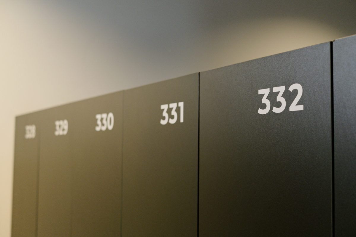 Close-up of numbered dark storage lockers