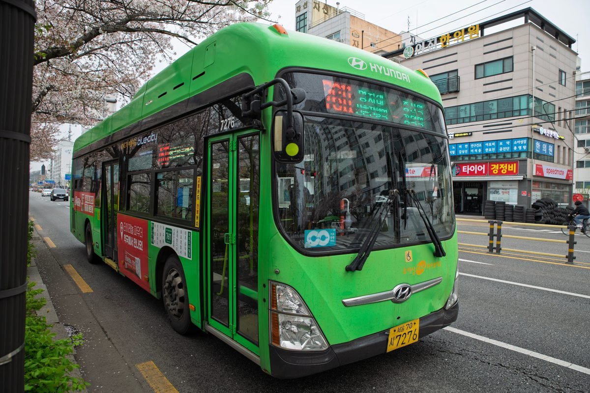 Bright green public transit bus parked on an urban street lined with buildings