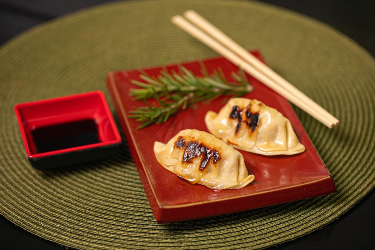 Grilled gyoza dumplings served with soy sauce on a plate.