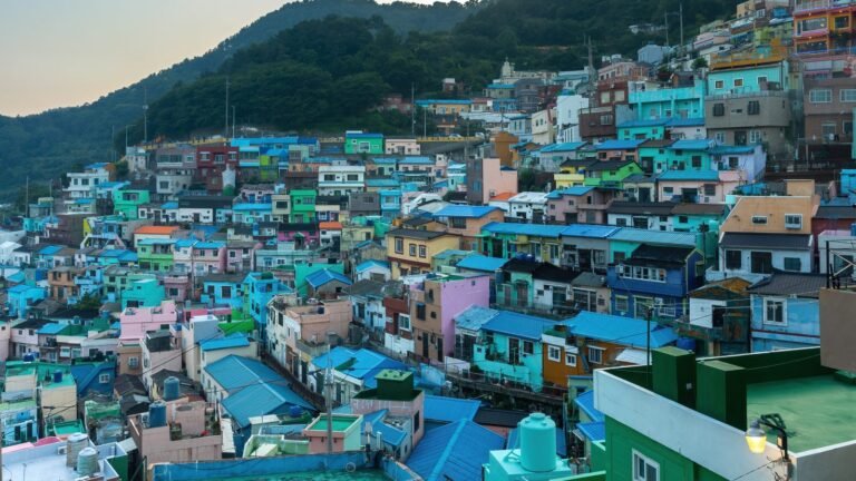 Colorful houses in Gamcheon Culture Village at sunset in Busan
