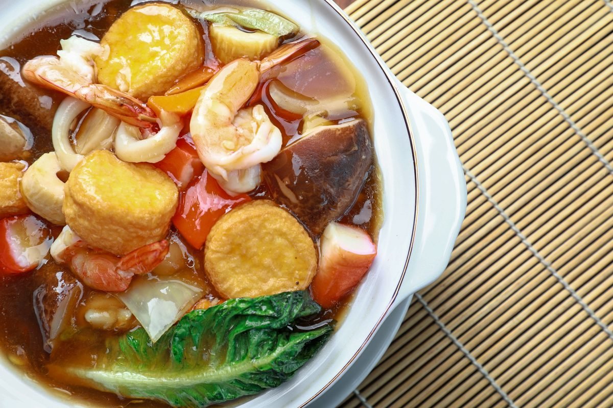 Seafood and vegetable hot pot with tofu and broth