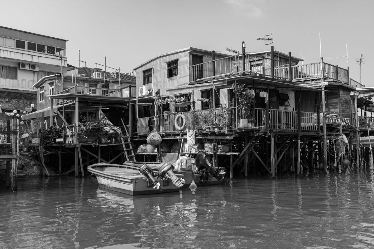 Black and white view of stilt houses in Tai O.