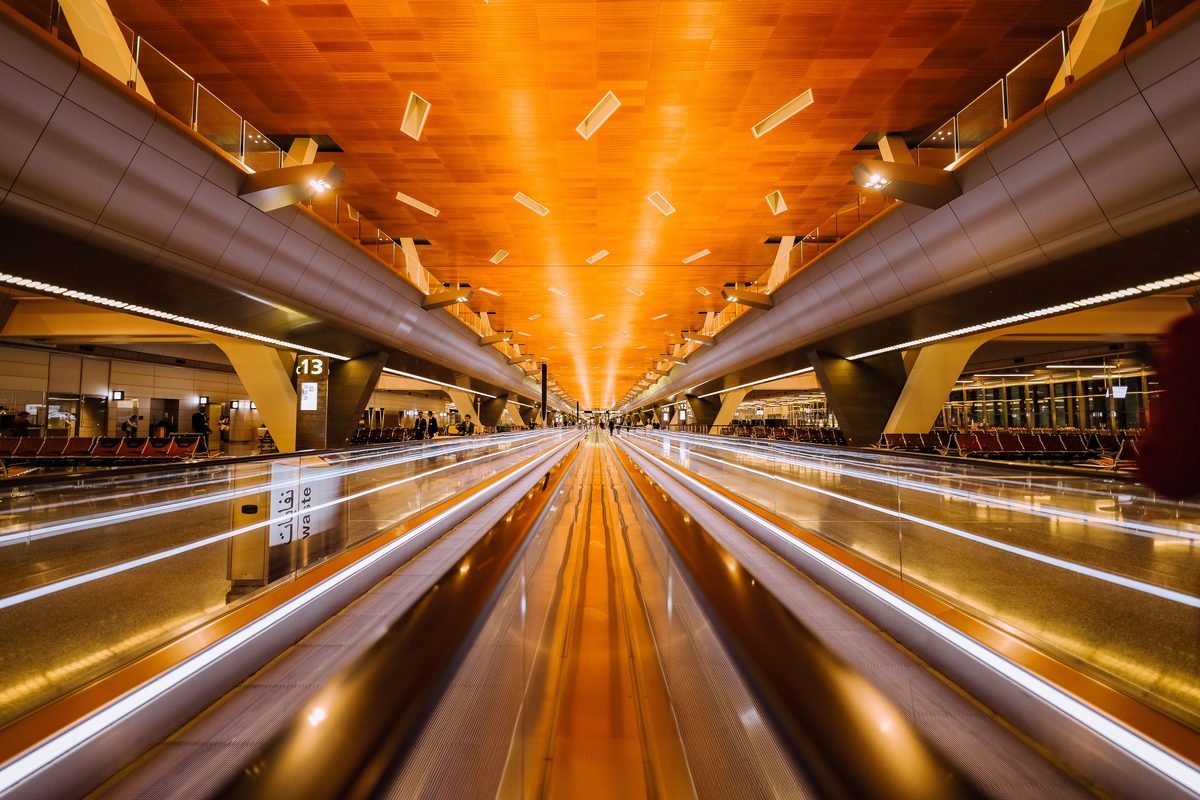 Long exposure of airport terminal walkway