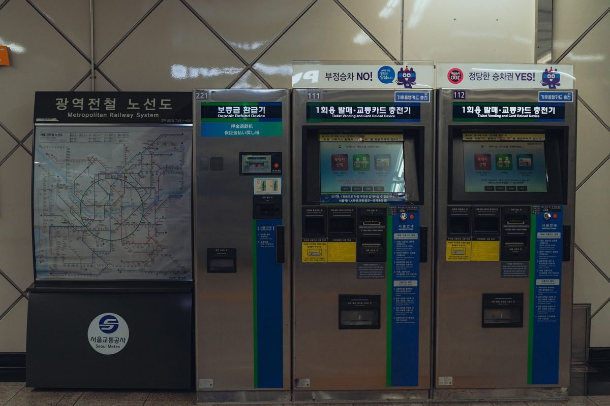 Metropolitan railway map and ticket vending machines in Seoul Metro station.
