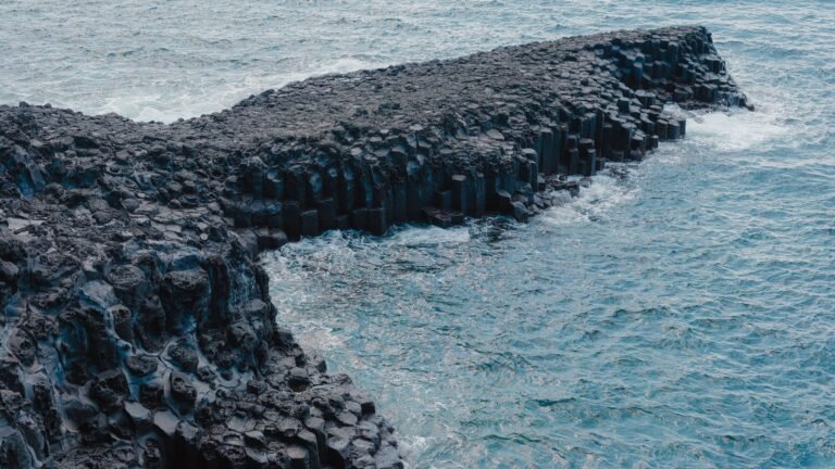 Distinct black volcanic basalt columns meeting the blue sea in Jeju