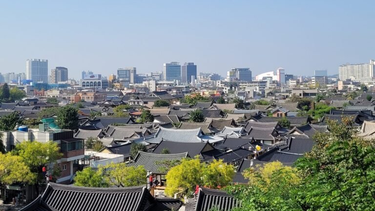 High-angle view of traditional Hanok village rooftops in Jeonju