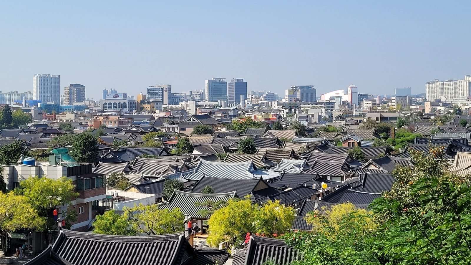 High-angle view of traditional Hanok village rooftops in Jeonju