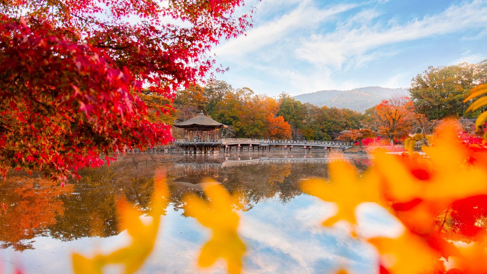 Vibrant autumn landscape reflecting a traditional pavilion on a serene lake