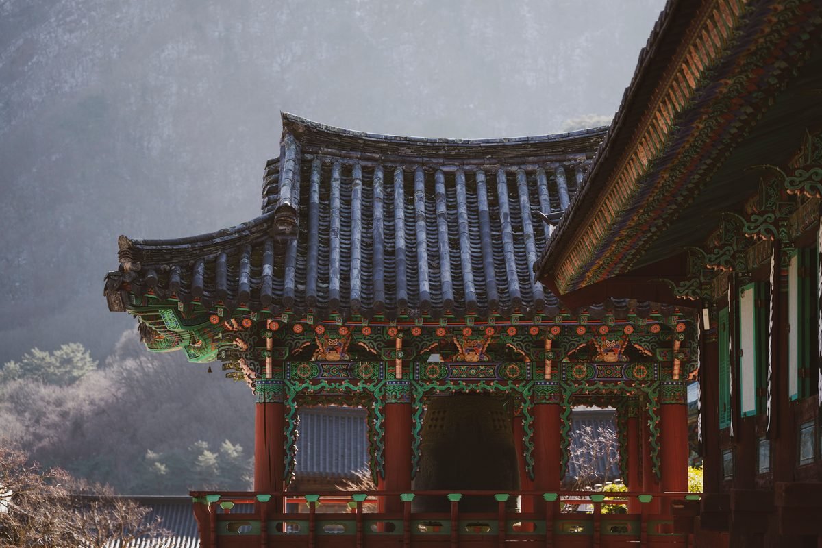 Intricate design of an Asian temple roof captured in a serene natural setting.