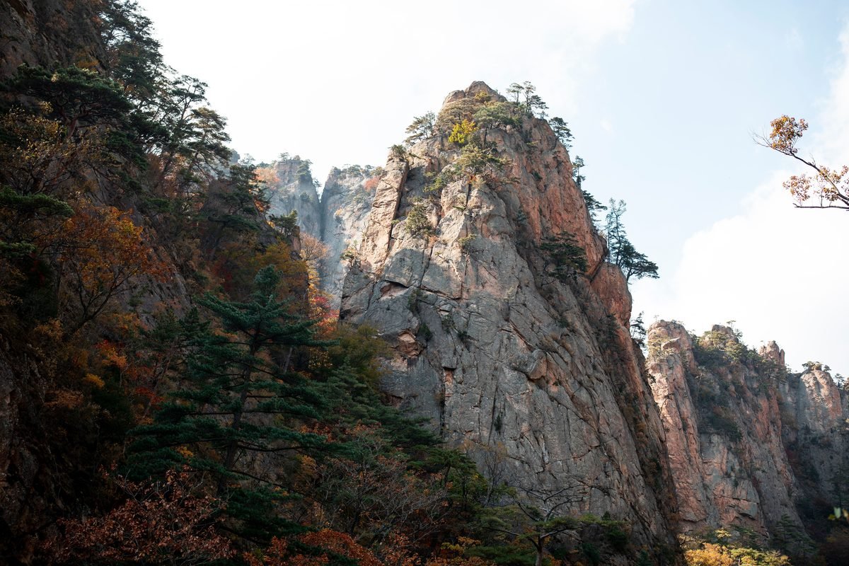 Rugged mountain peaks surrounded by lush forest in Yangyang, South Korea