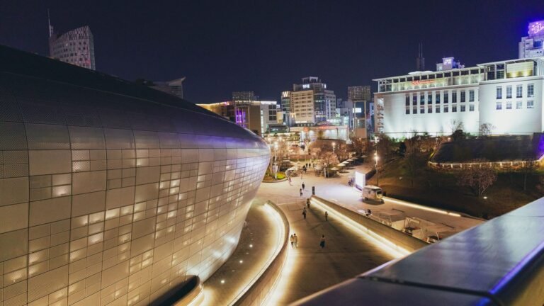 Night view of the metallic architecture of Dongdaemun Design Plaza in Seoul