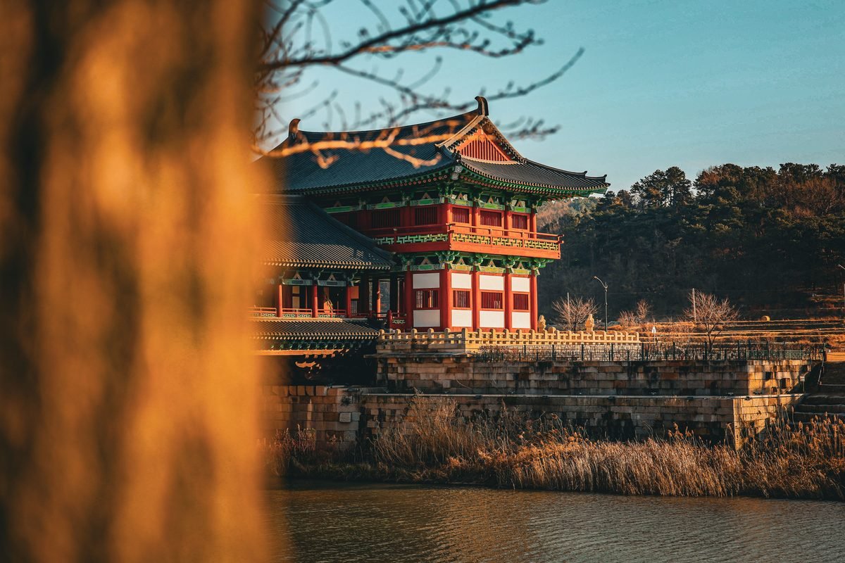 Traditional Korean pavilion in Gyeongju during autumn sunset.