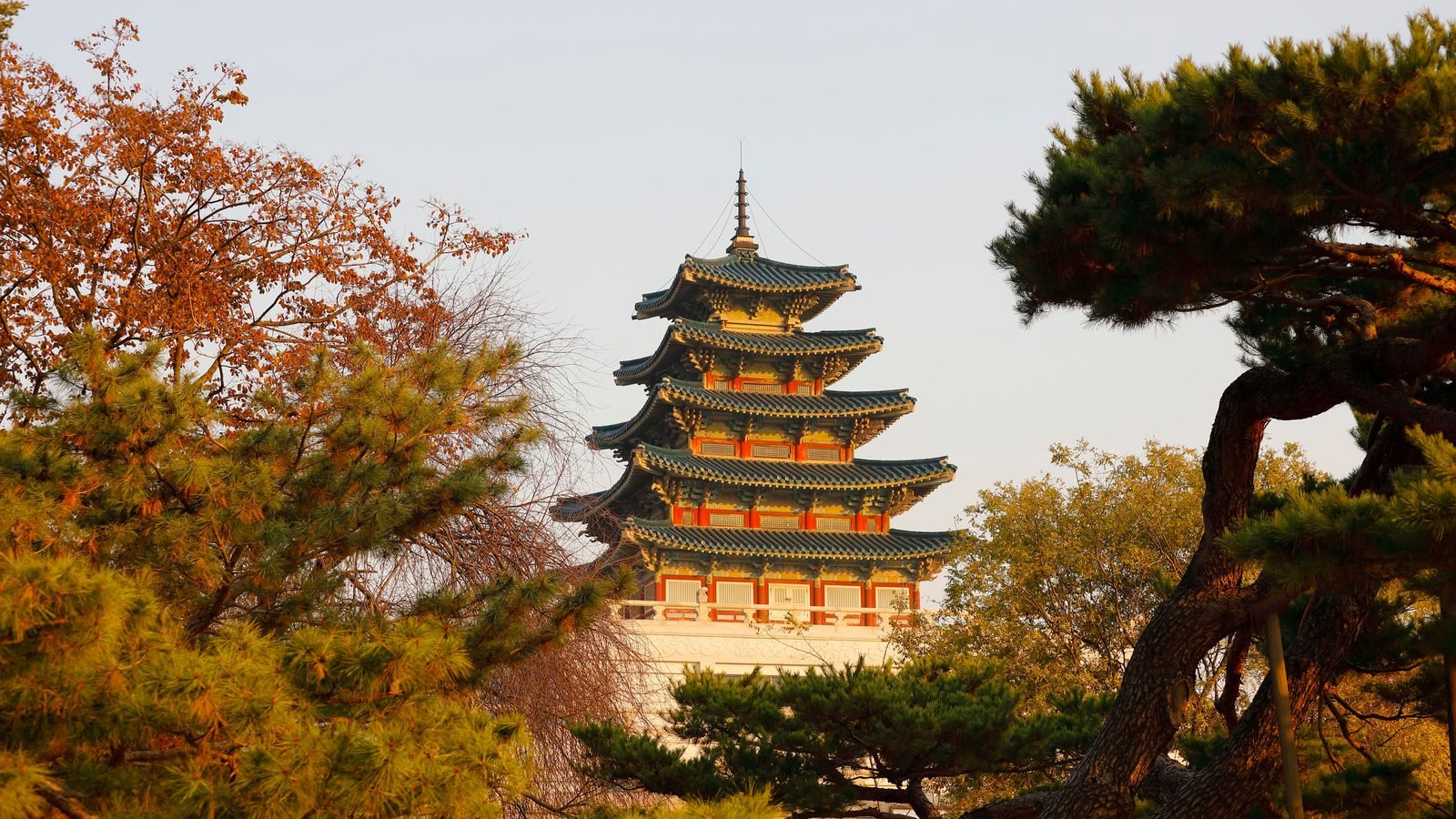 Traditional pagoda framed by autumn foliage in Seoul.