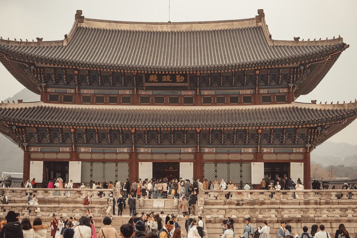 Visitors gathered in front of Gyeongbokgung Palace main hall in Seoul