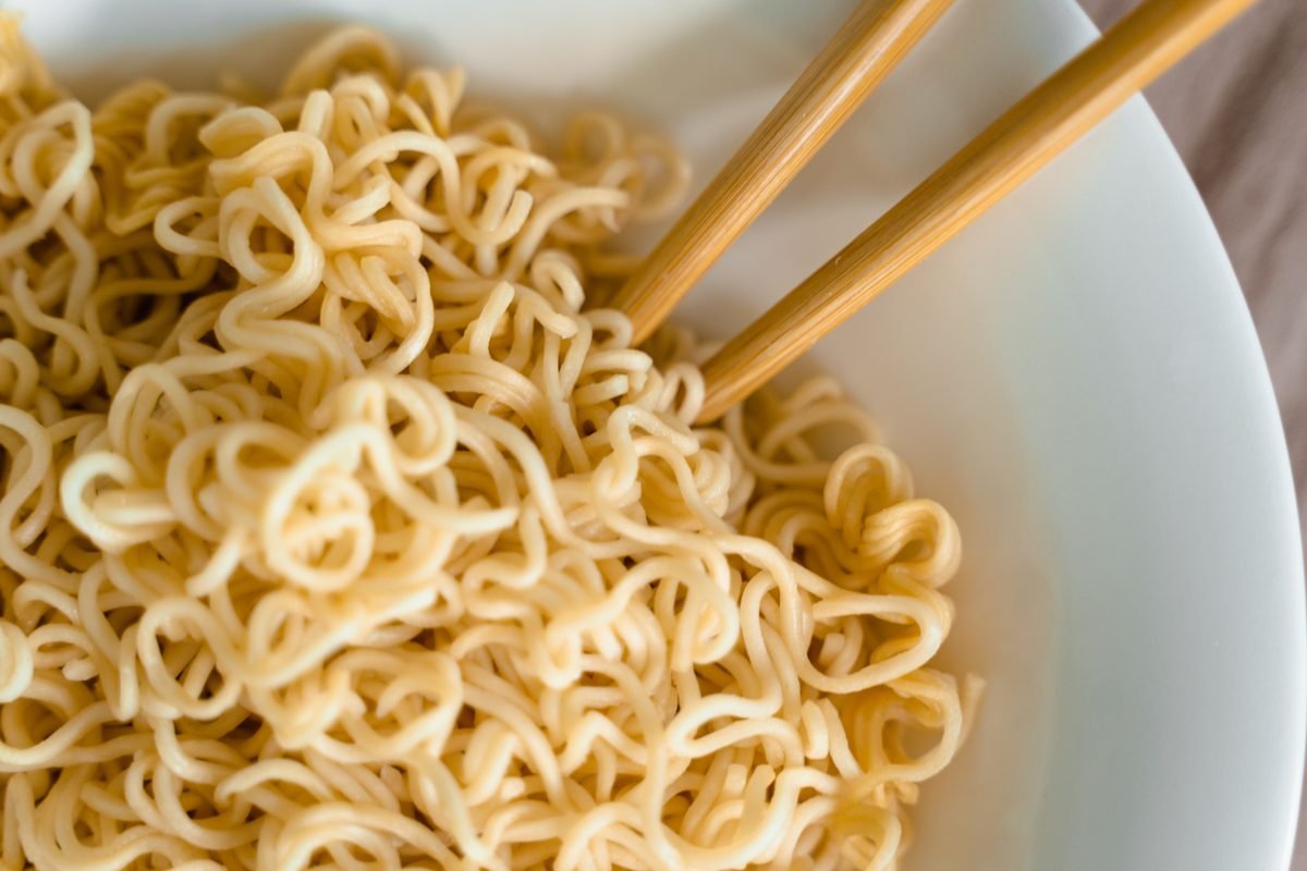 Bowl of instant noodles with chopsticks
