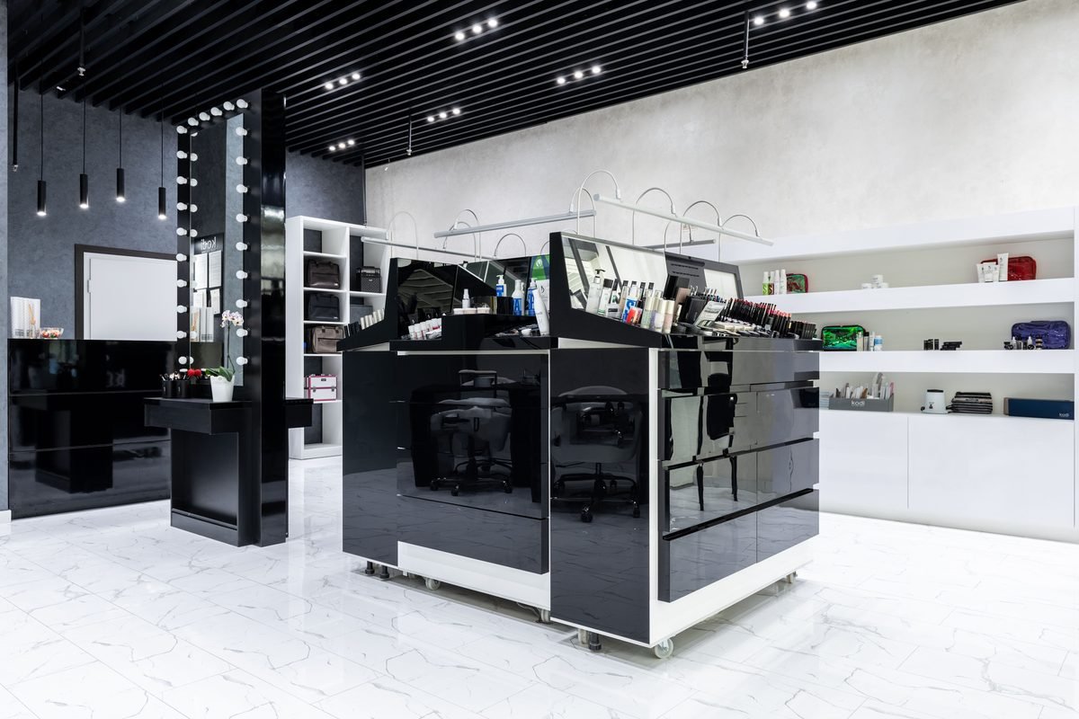 Sleek and modern cosmetic store interior featuring organized display units.