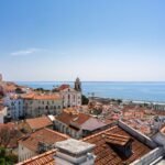 Panoramic view of Lisbon's terracotta rooftops cascading down toward the Tagus River under a blue sky.