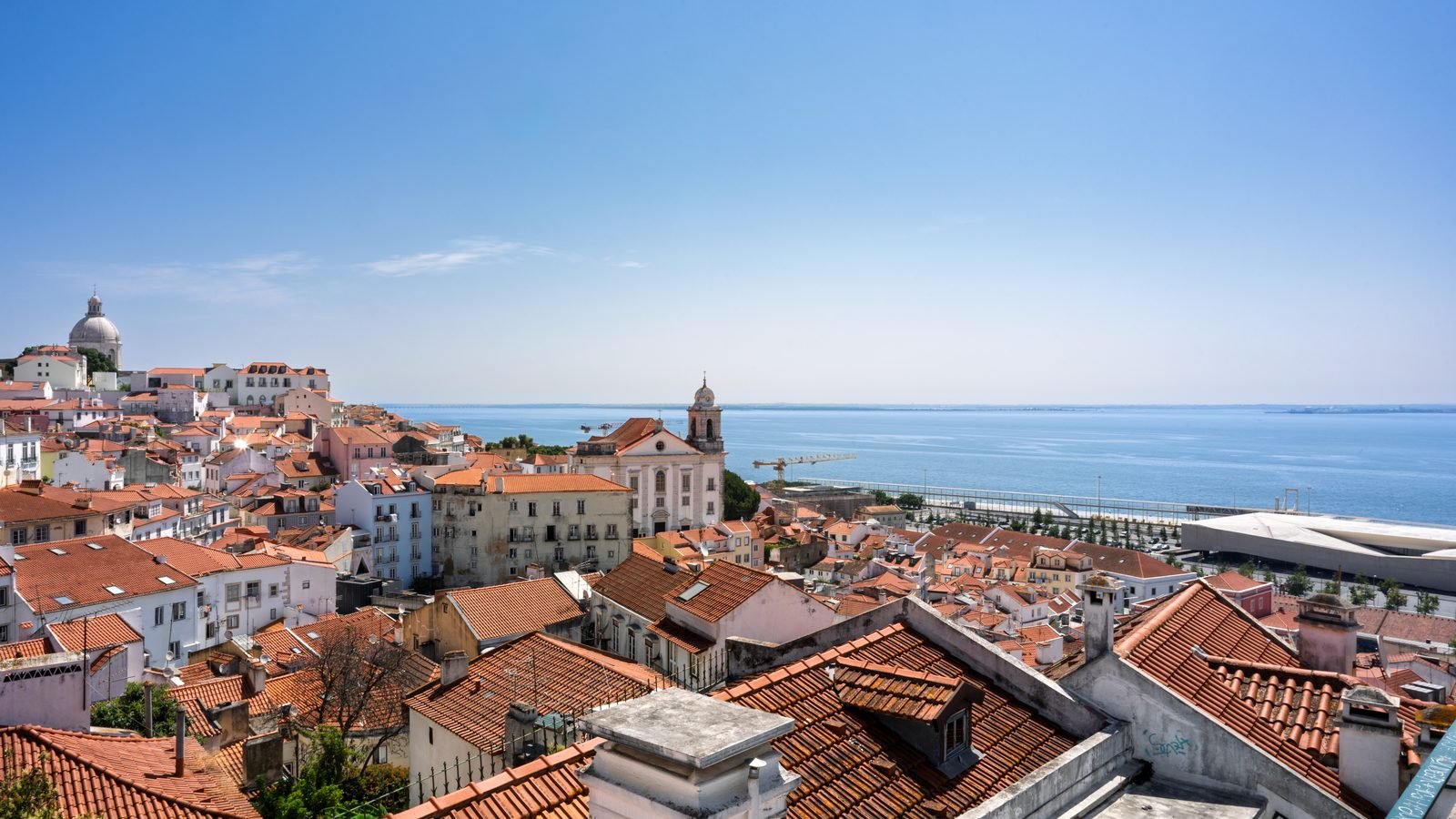 Panoramic view of Lisbon's terracotta rooftops cascading down toward the Tagus River under a blue sky.