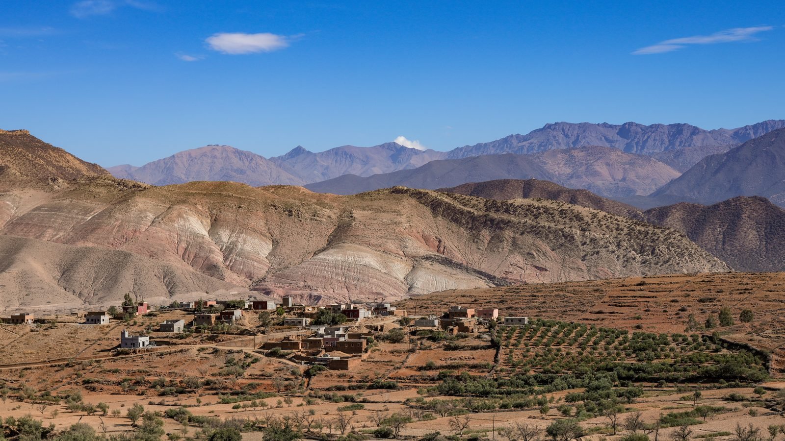 High Atlas mountains and Arhbalou village in Al Haouz province, Morocco