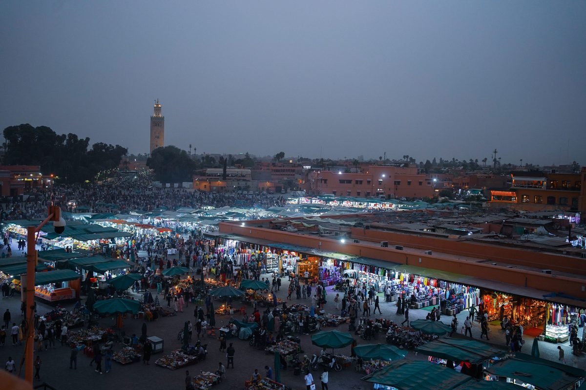 Evening market and Koutoubia Mosque in Marrakech