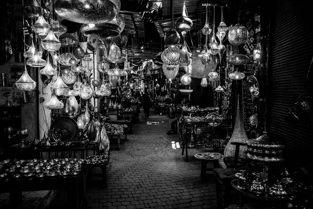 Traditional hanging lanterns in a Marrakesh souk shop