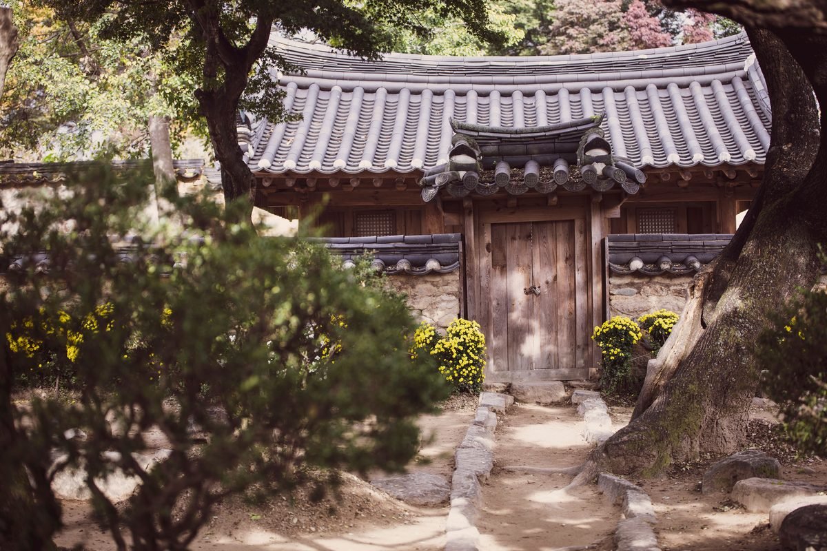 A traditional Korean tile-roofed wooden building set within a garden