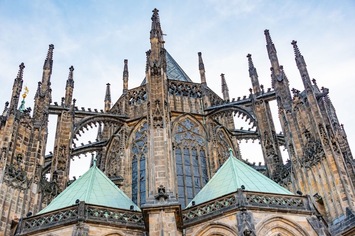 Gothic architectural details and spires of St. Vitus Cathedral in Prague