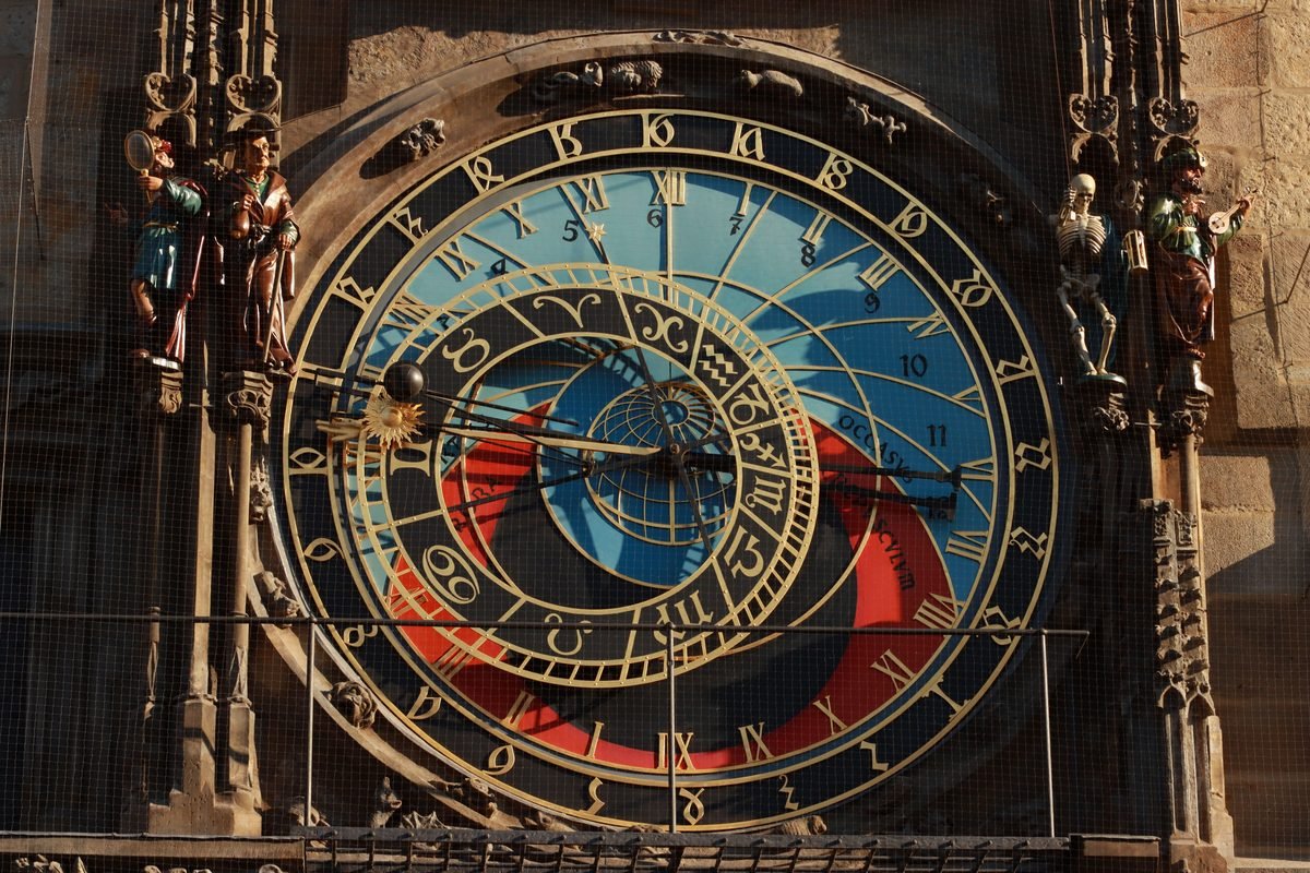 Close-up of the Prague Astronomical Clock with medieval dials