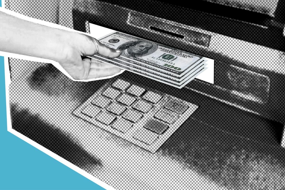 Graphic illustration of a hand withdrawing cash from an ATM keypad