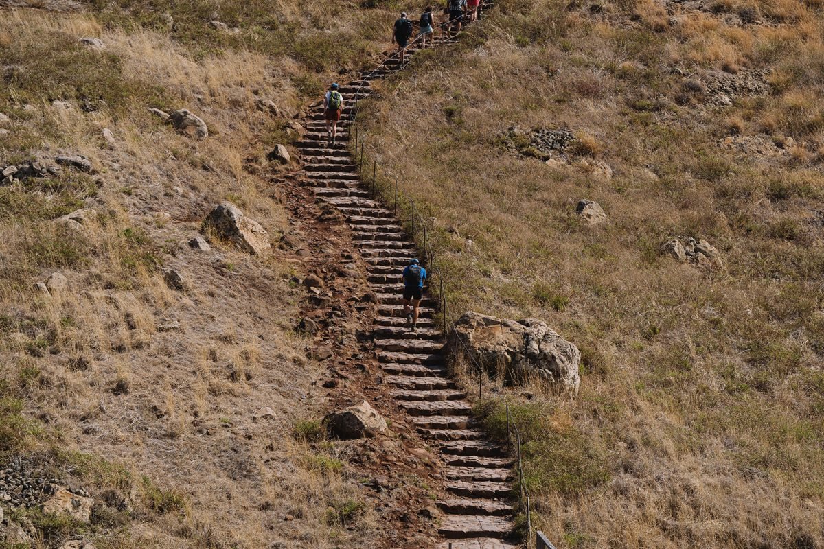 Hikers ascending stone stairs on a rugged mountain trail.