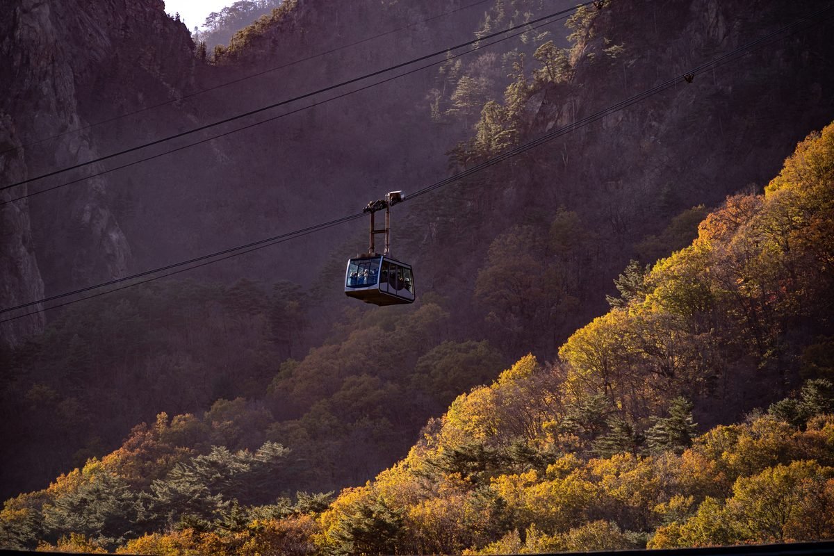 Cable car over autumnal mountain landscape