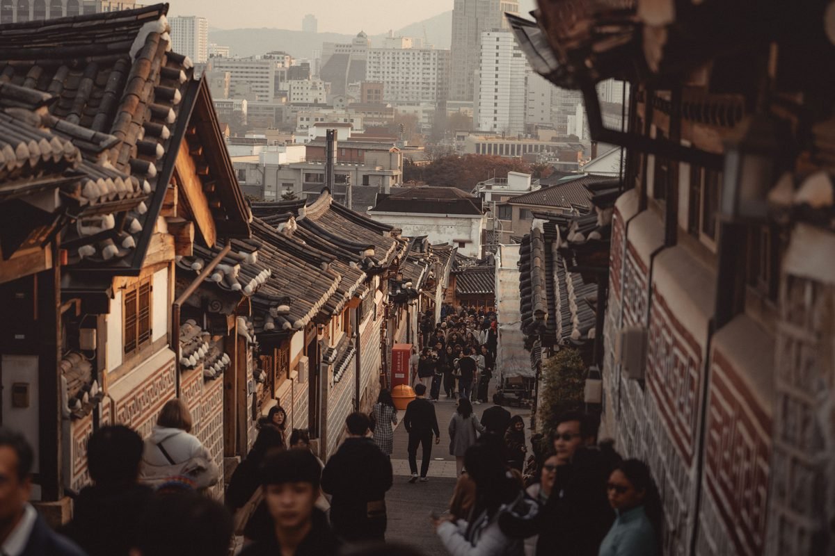 Bukchon Hanok Village alleyway with traditional Korean architecture in Seoul.