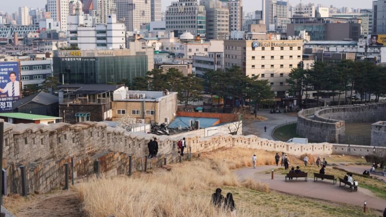 Scenic view of Dongdaemun fortress wall and vibrant Seoul cityscape at sunset.