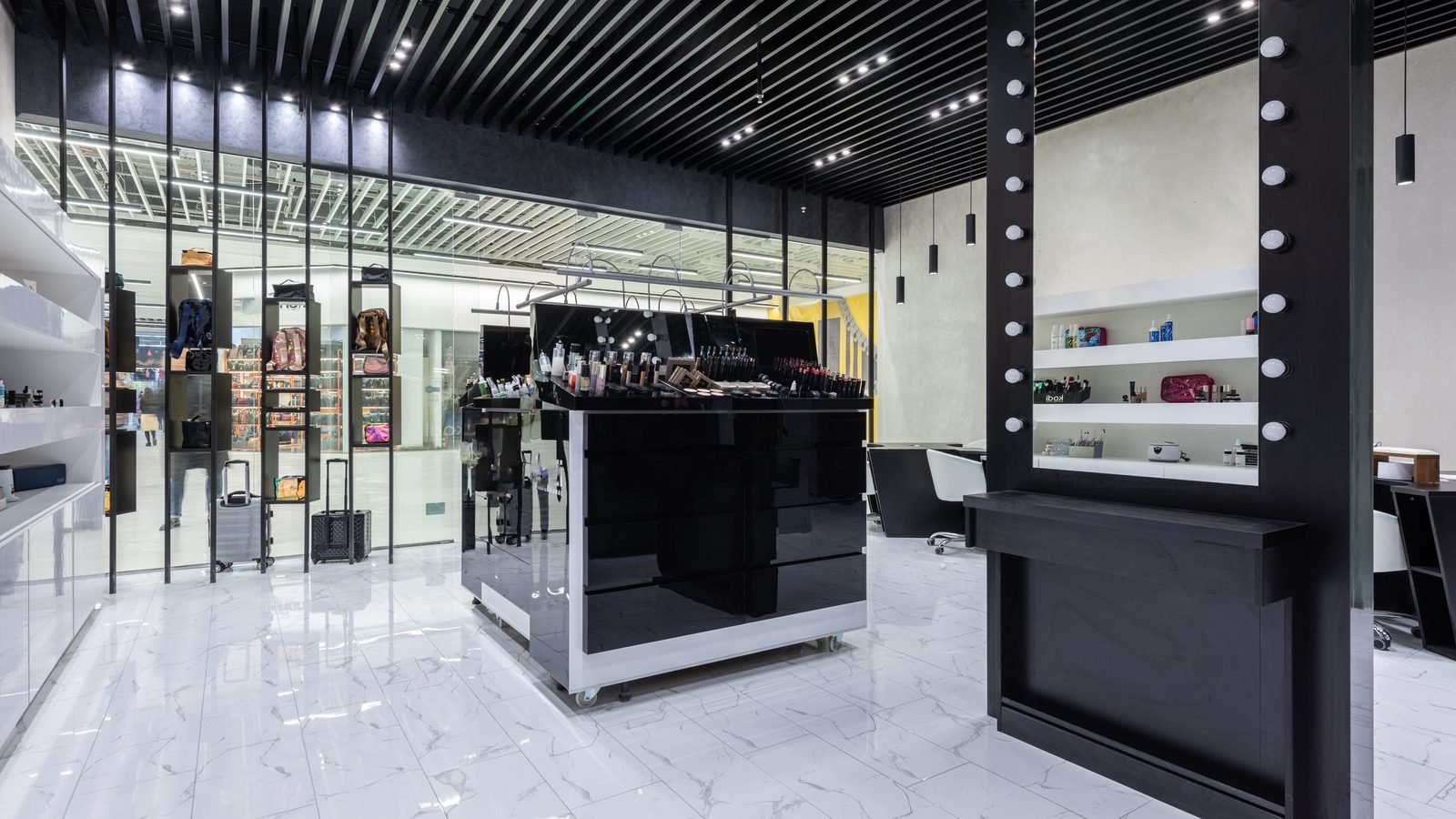 Sleek modern interior of a cosmetics and beauty store.