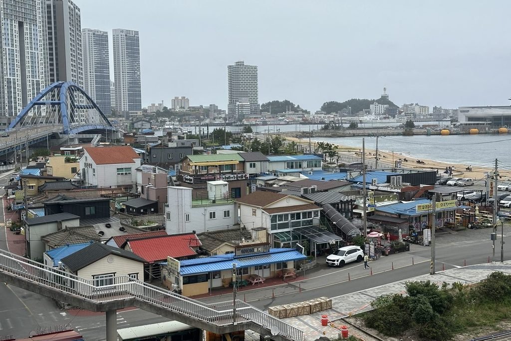Alley with squid sundae restaurants in Abai Village, Sokcho