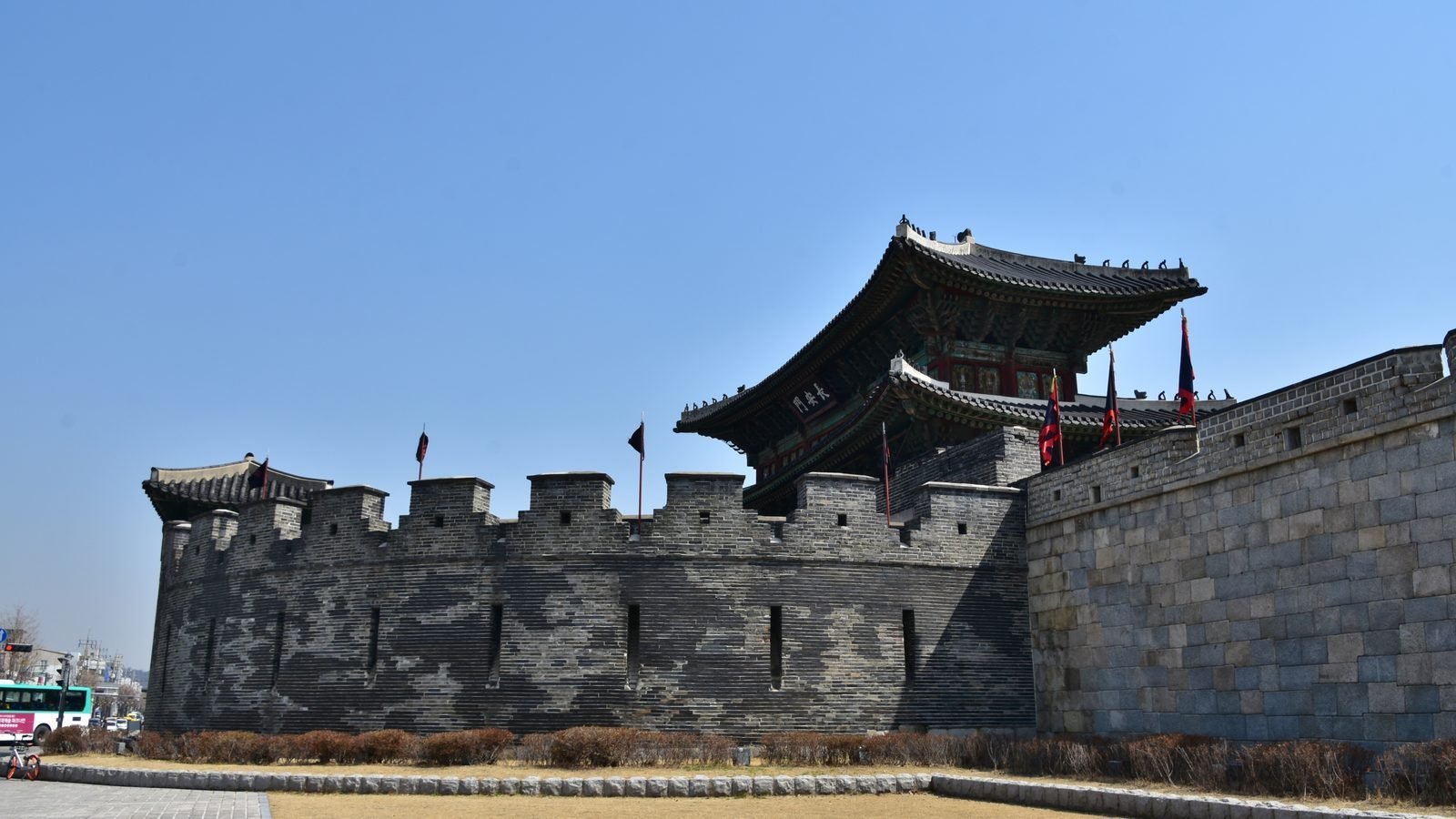 Janganmun, the northern gate of Hwaseong Fortress in Suwon, with its stone ramparts