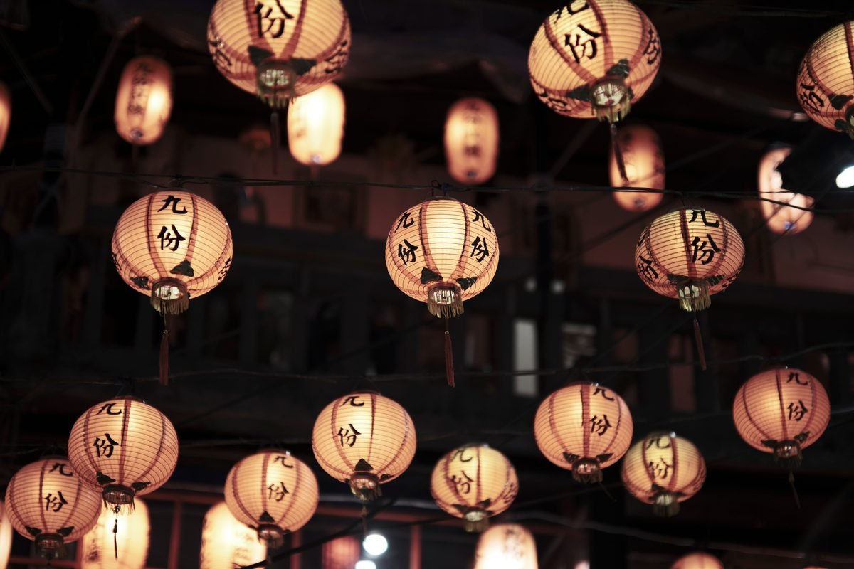 Illuminated lanterns in Jiufen, Taiwan, creating a warm glow