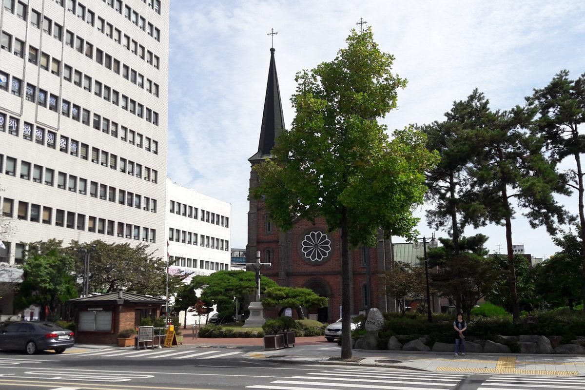 Red-brick Gyesan Cathedral in central Daegu on a clear day