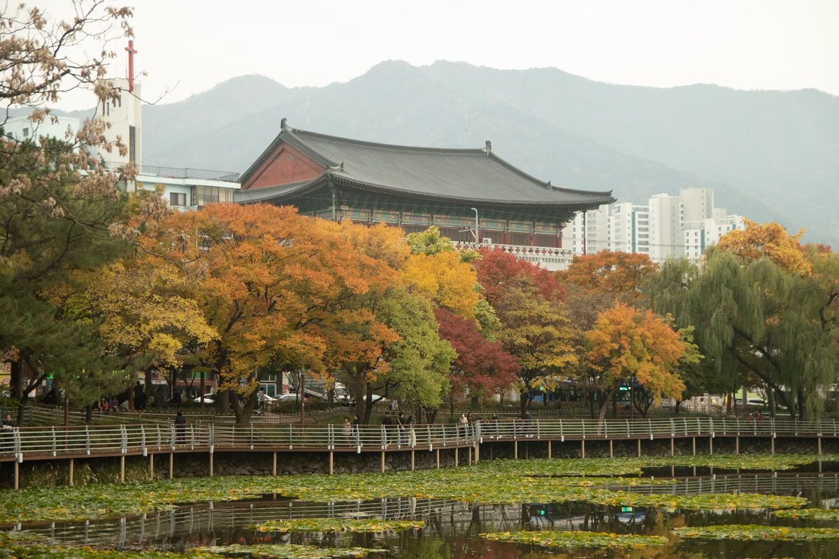 Traditional temple architecture surrounded by vibrant autumn foliage in Daegu