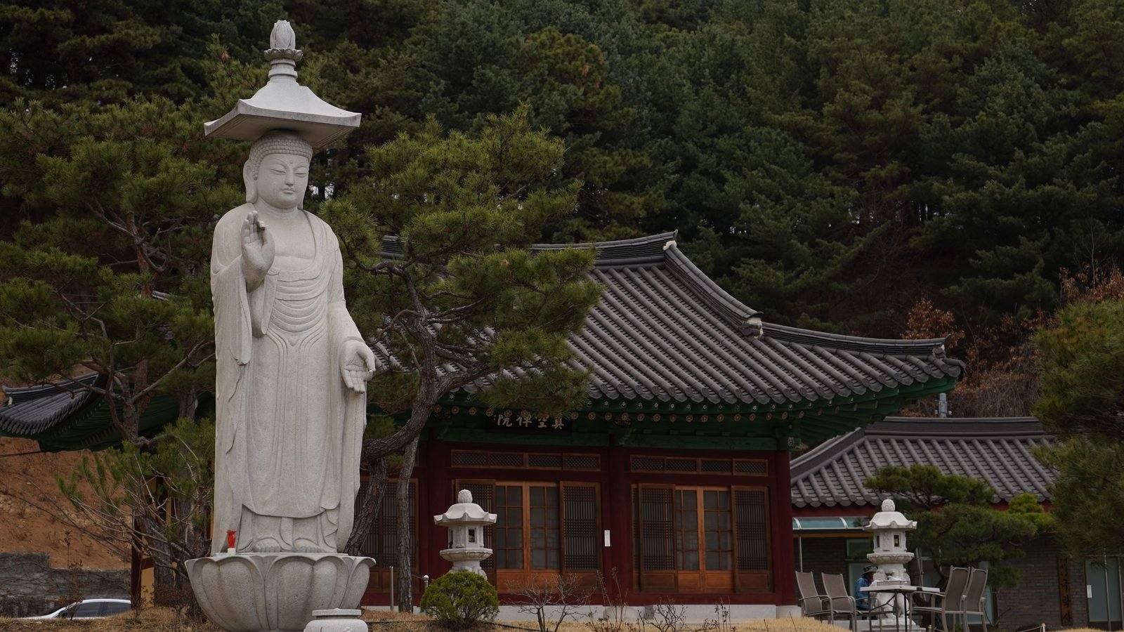 Stone Buddha statue standing near a traditional temple building in the mountains