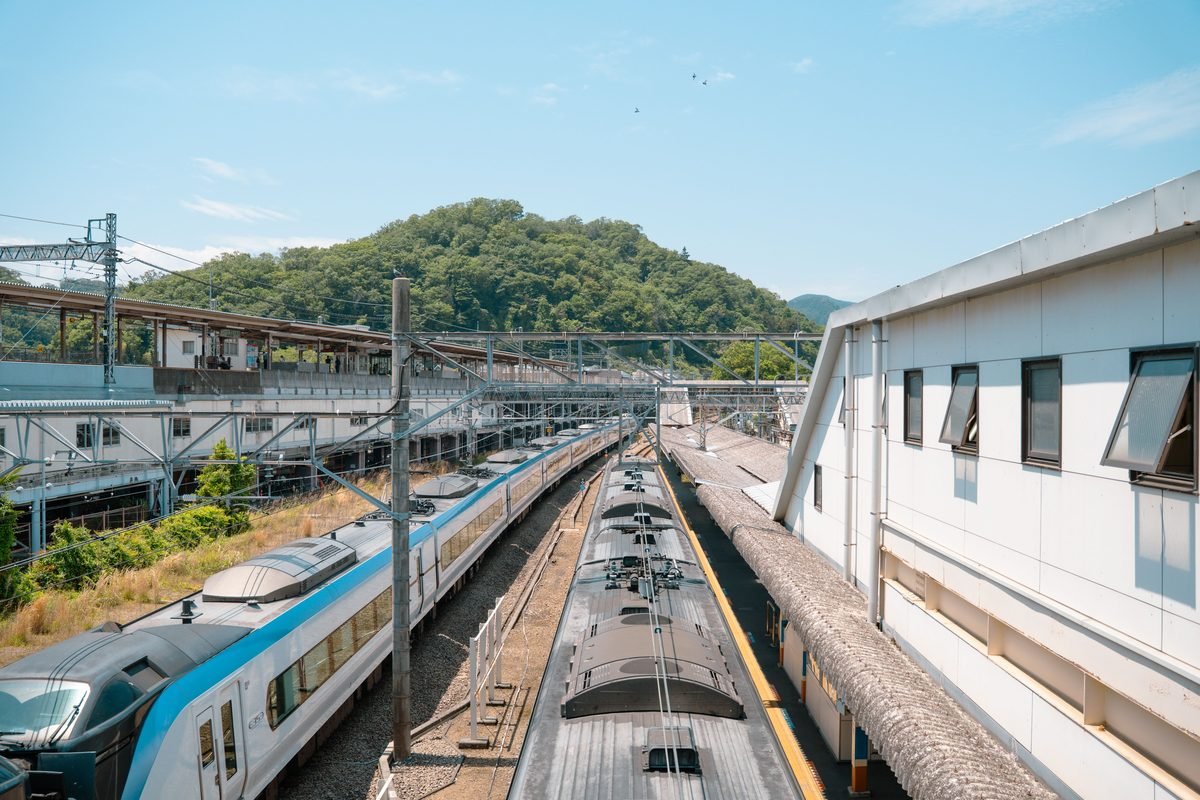 Overhead view of passenger trains at a rural Japanese train station.