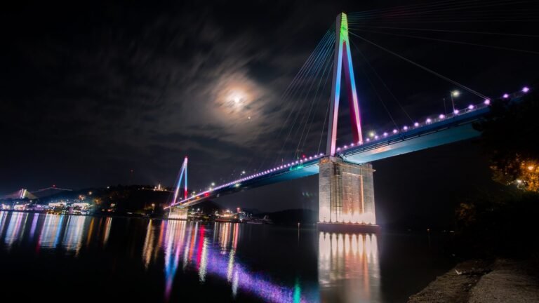 Night view of Dolsan Bridge with colorful LED lights reflecting in the sea.