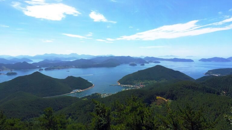 Panoramic view from Mount Mireuk overlooking Tongyeong islands and sea