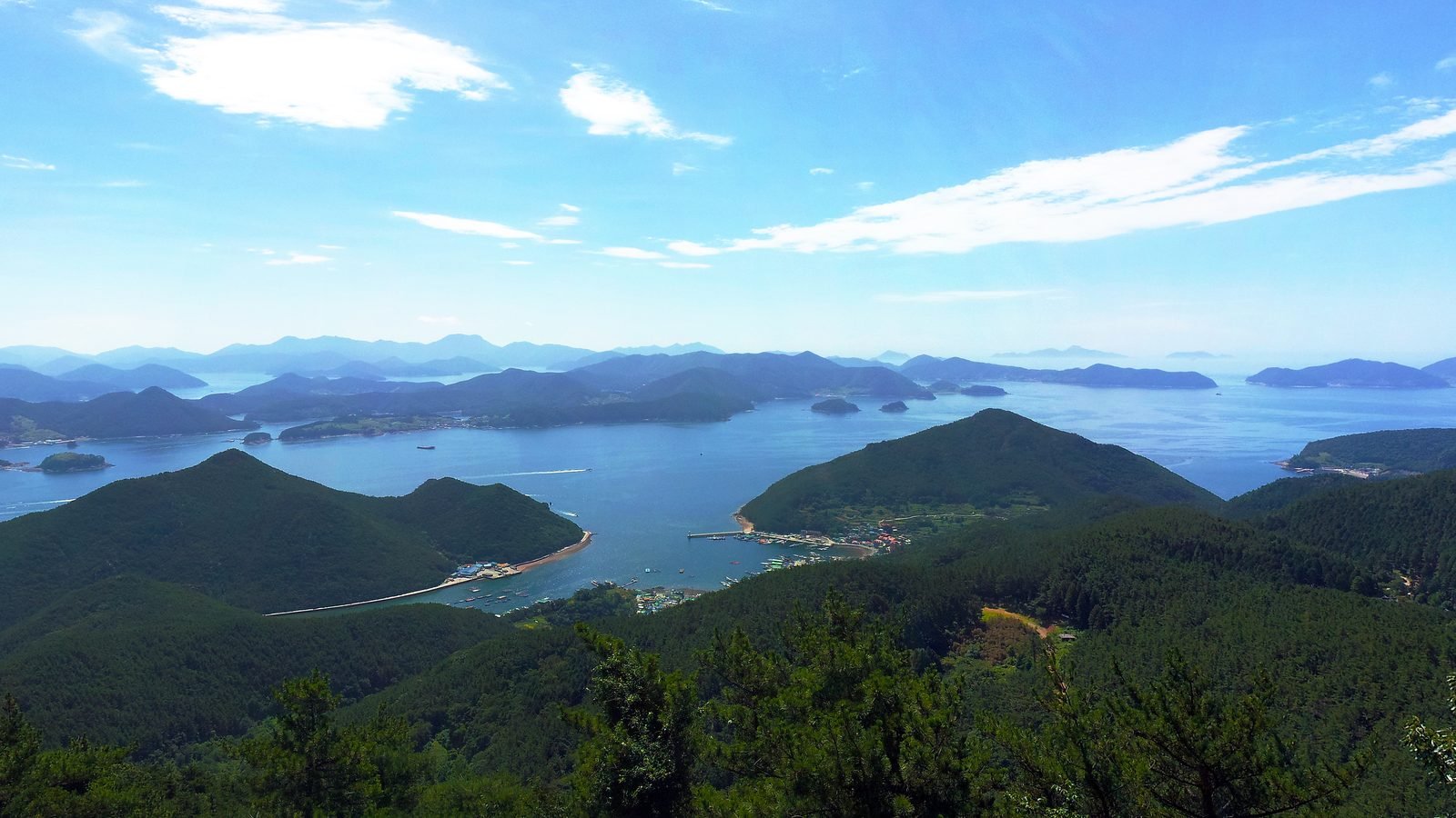 Panoramic view from Mount Mireuk overlooking Tongyeong islands and sea
