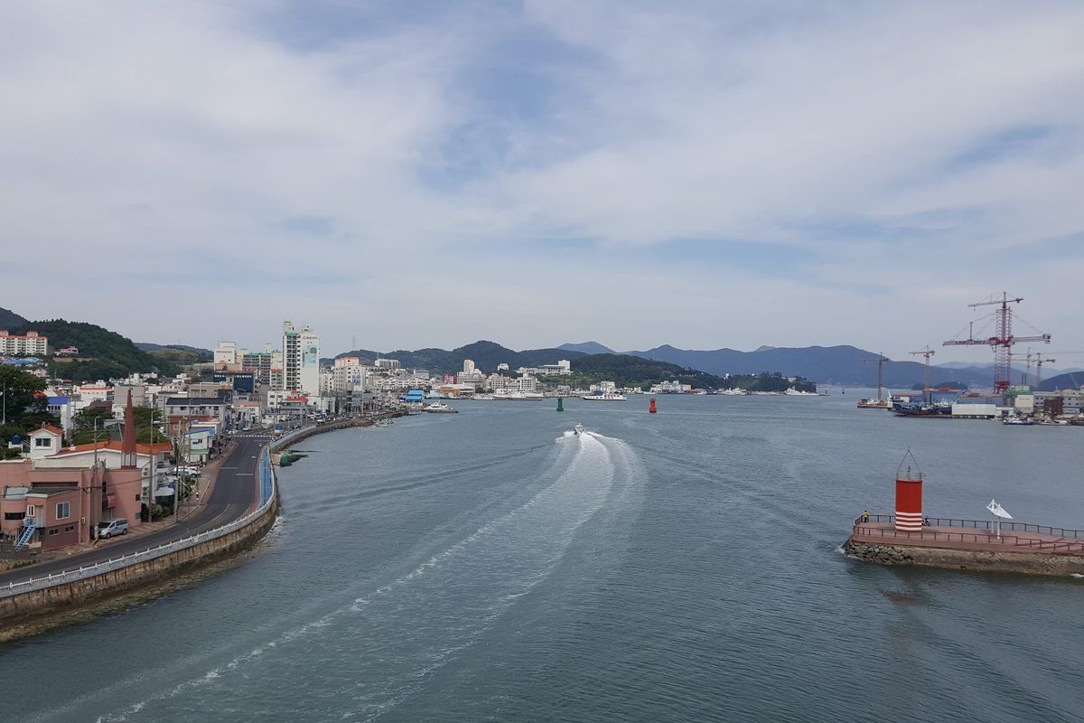 Scenic view of Tongyeong coastal waters and town from bridge