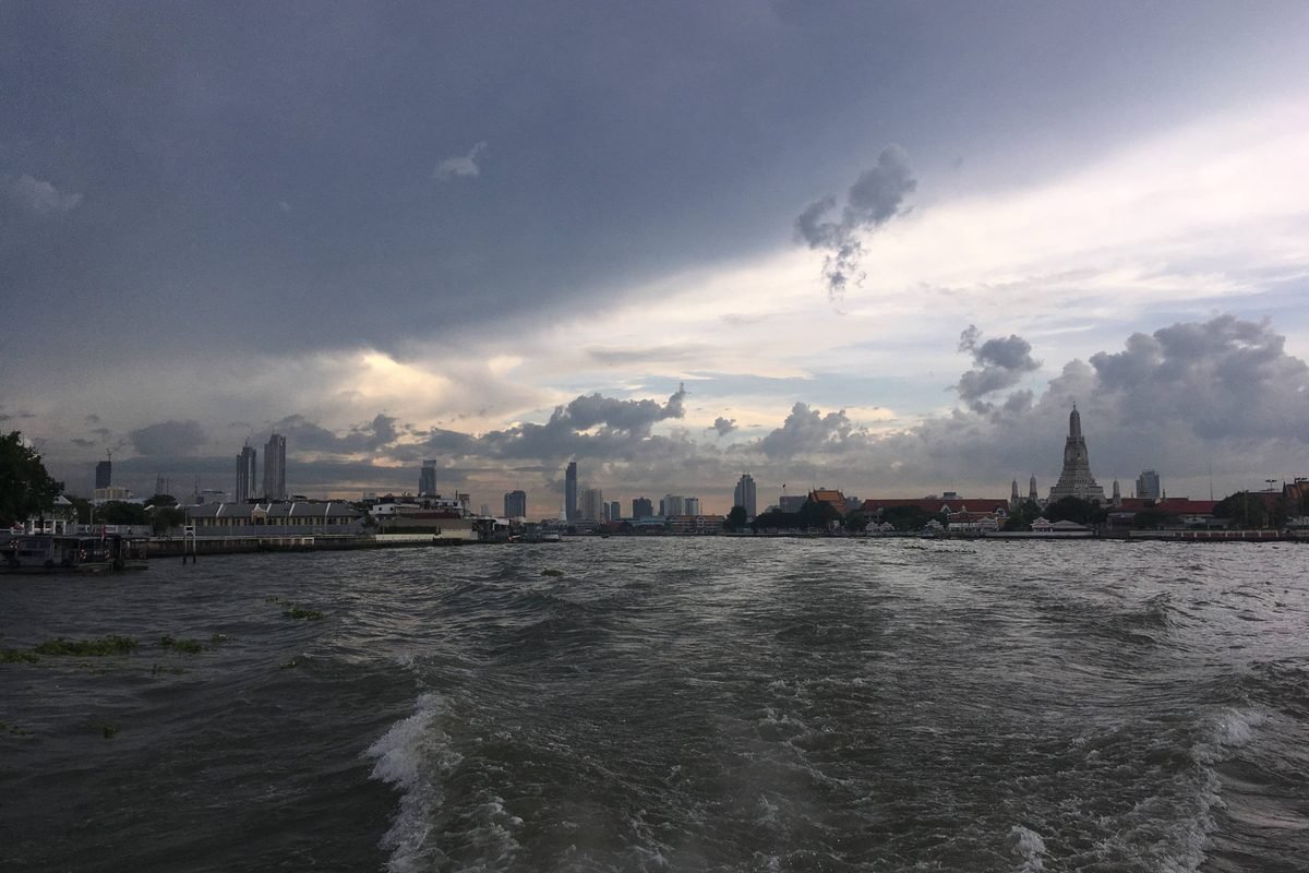 View of the Chao Phraya River from an express boat in Bangkok.