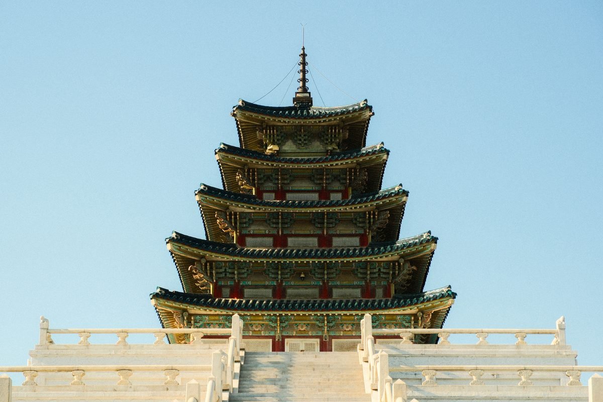 Traditional Korean pagoda tower with intricate details